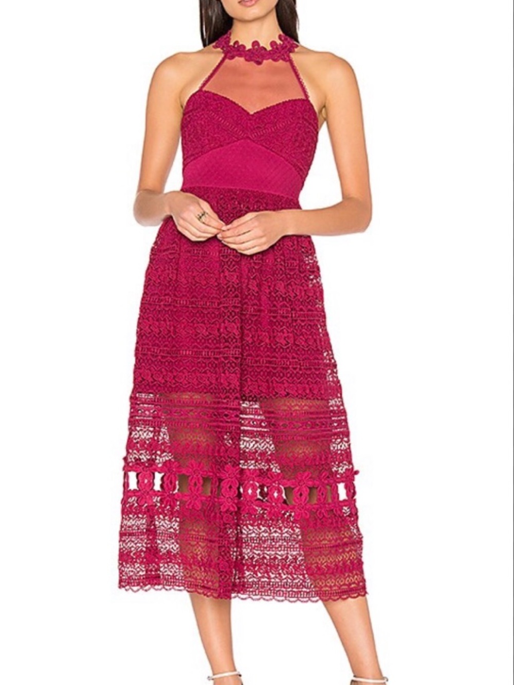 Three Floor Plum Lace Halterneck Midi Dress